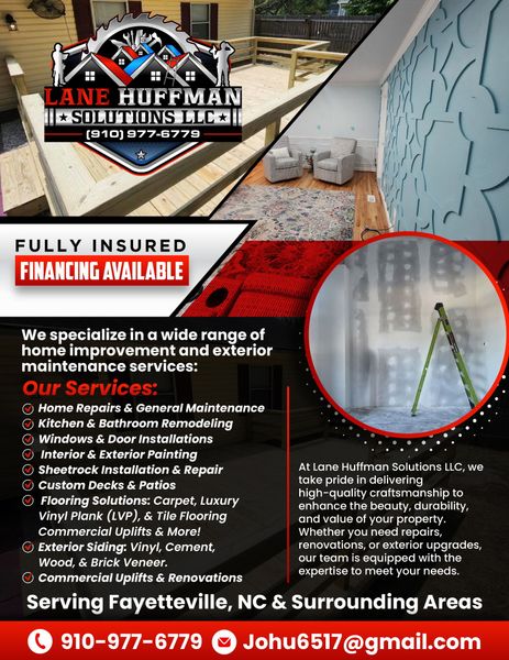 Flyer for Lane Hoffman Solutions LLC. Services include home repair, maintenance, and commercial renovations. Serving Fayetteville, NC.