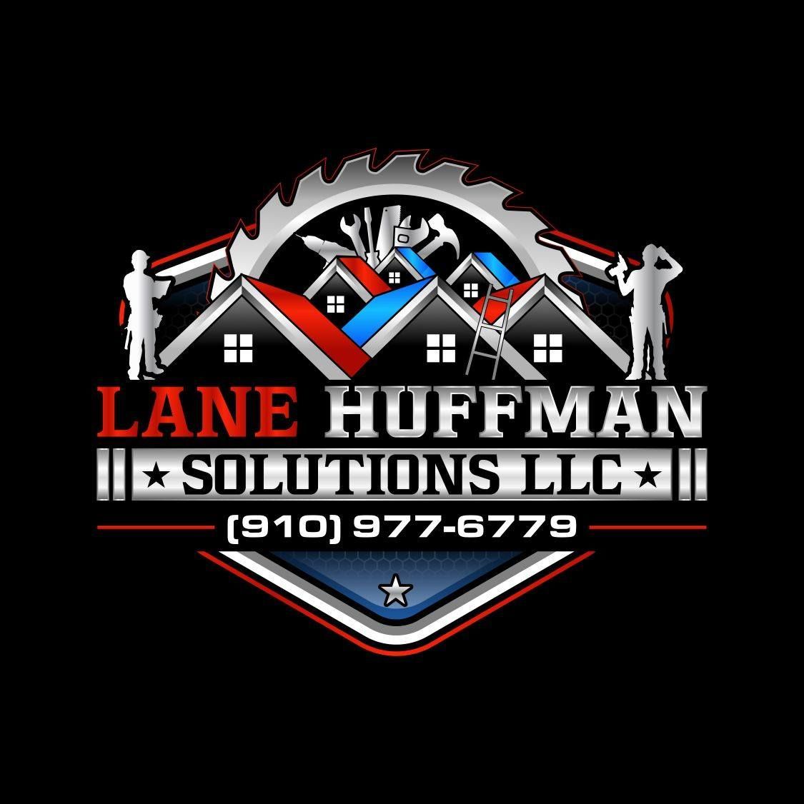 Logo for Lane Huffman Solutions LLC: Houses, tools, and a carpenter silhouette over the company name and phone number.