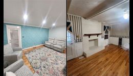 A before-and-after of a living room. The left features teal wall, the right features white walls, and wood floors.