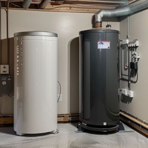 Two water heaters are sitting next to each other in a basement