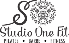 A black and white logo for studio one fit pilates , barre , fitness.