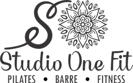 A black and white logo for studio one fit pilates , barre , fitness.