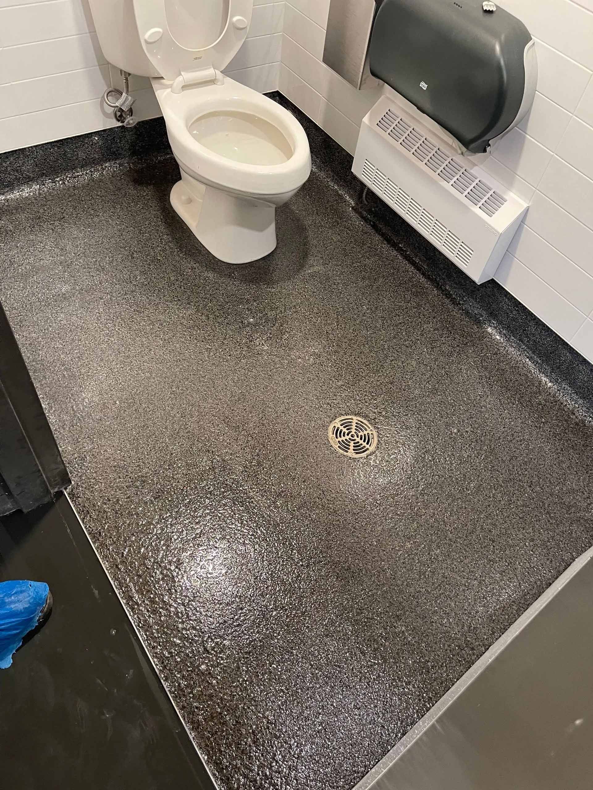 Salle de bains avec toilettes, distributeur d'essuie-mains en papier et sol foncé moucheté.