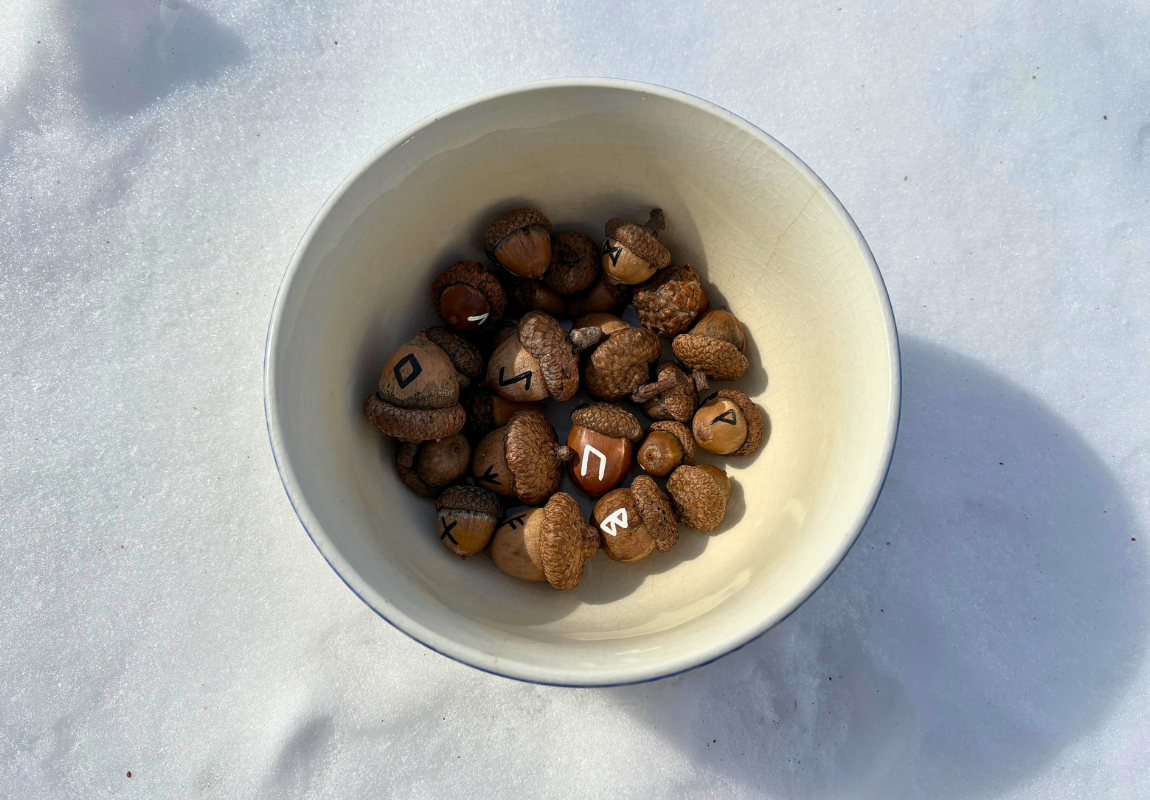 elder futhark runes on acorns