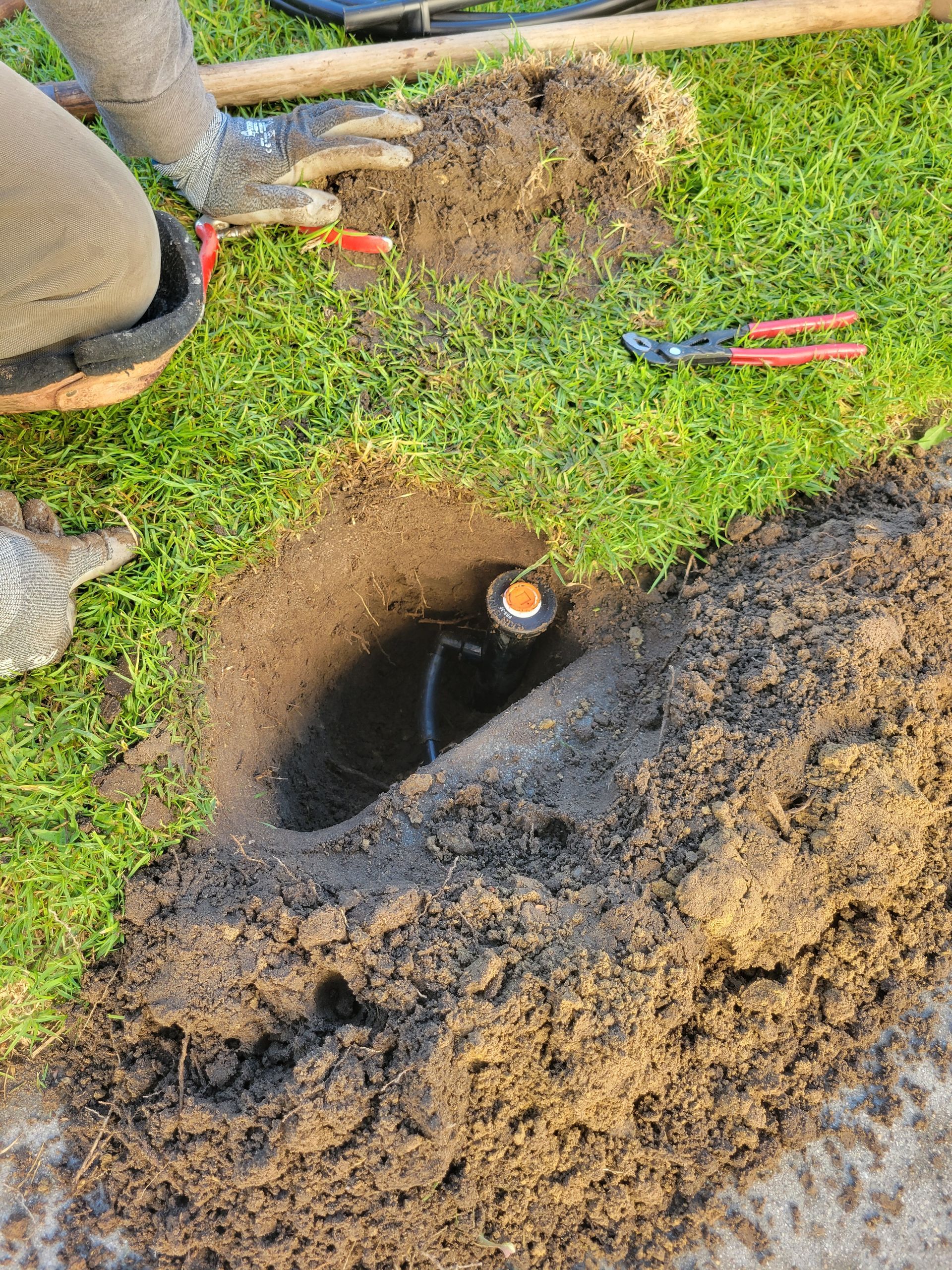 Person installing a sprinkler head in a grassy area, surrounded by dirt and tools.
