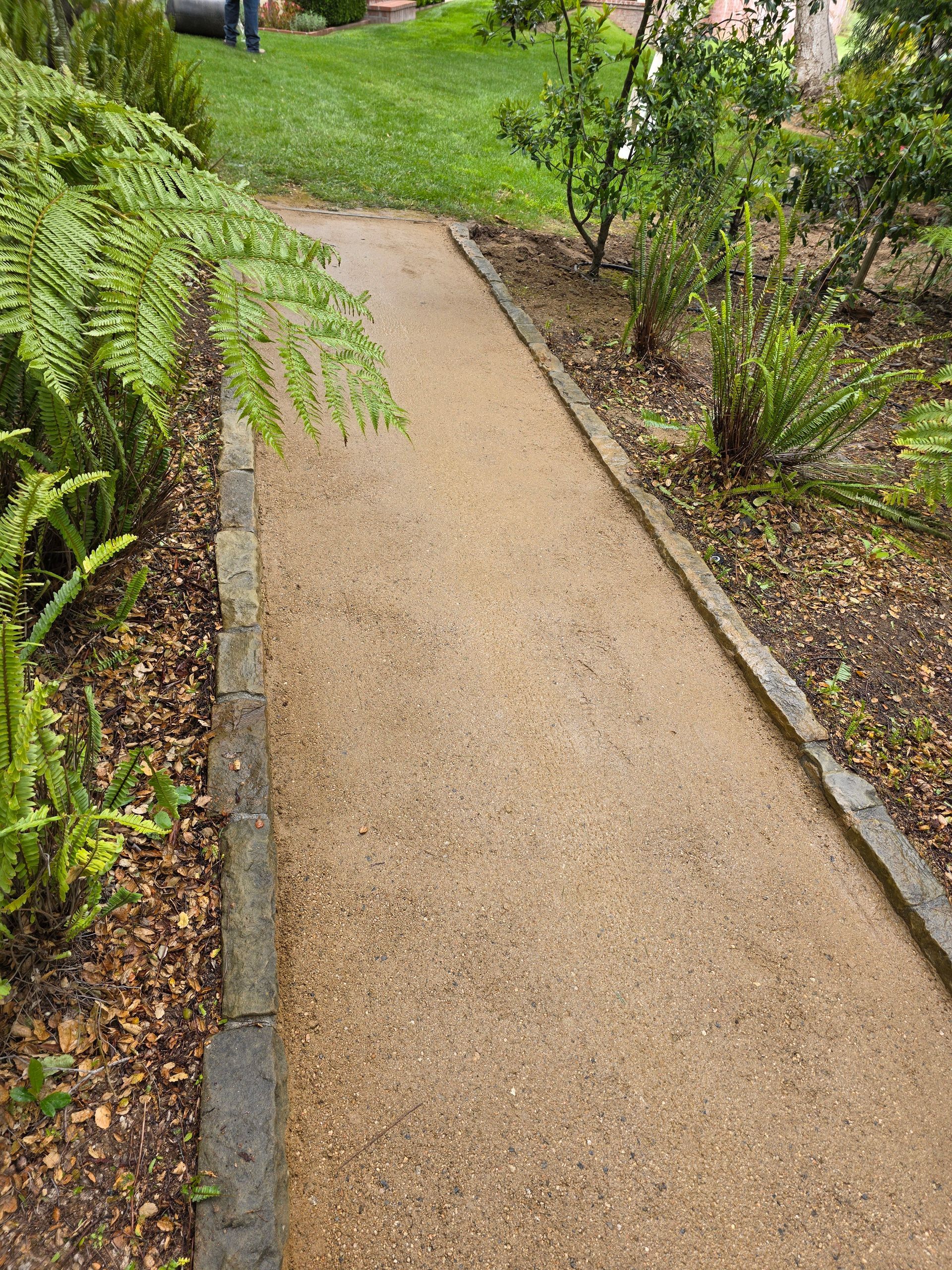 A gravel pathway bordered by plants and low stone edging leads to a grassy area.