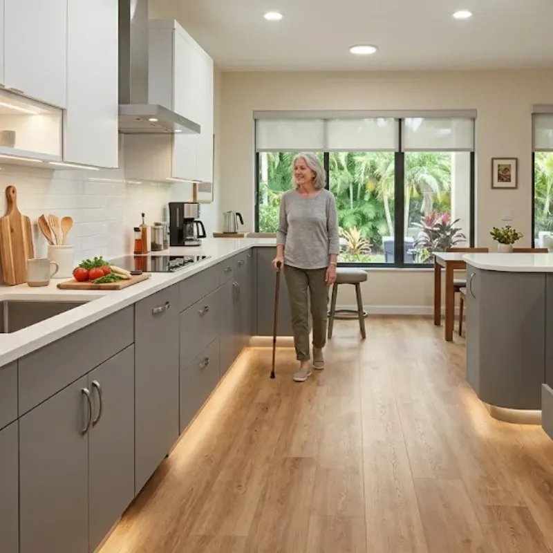 Accessible kitchen remodel in Lafayette with slip-resistant luxury vinyl flooring, layered lighting, and easy-grip cabinet pulls for aging in place