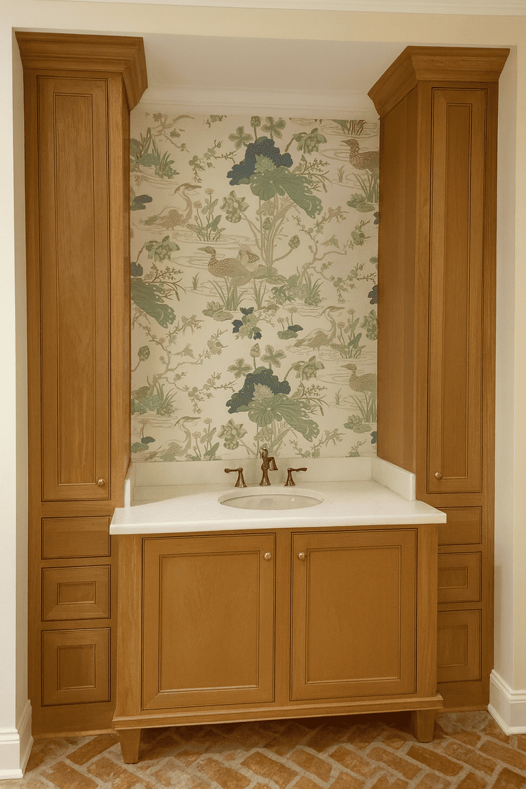 Small bathroom remodel in Lafayette metro with wooden cabinets, a white countertop, and patterned wallpaper.