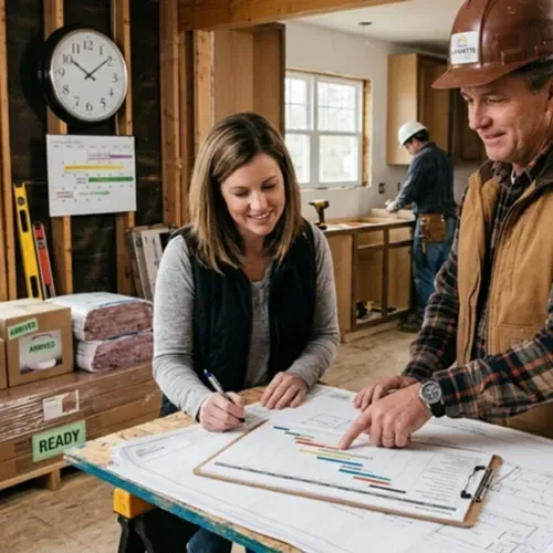 A professional and a client review a project schedule on blueprints at a construction site, with a worker in the background.