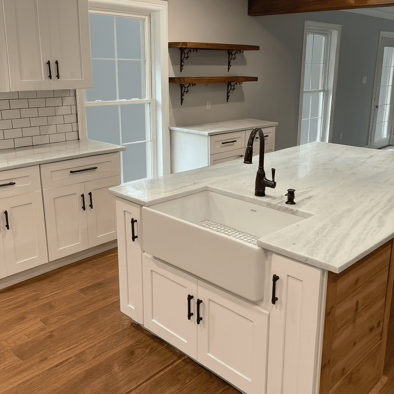 Kitchen remodel near River Ranch, LA, with white cabinets, an island with a farmhouse sink, wood floors, and open shelves.