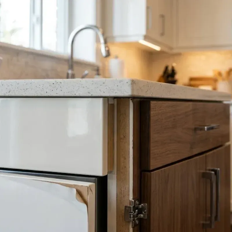 Kitchen cabinets with moisture-resistant finishes like polyurethane and conversion varnish protecting against humidity damage in modern homes