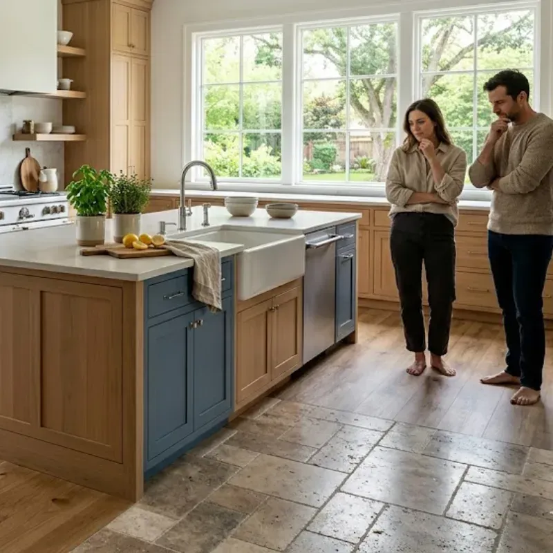 Lafayette kitchen flooring comparison showing porcelain tile, LVP, engineered hardwood, and natural stone options for humid climate homes