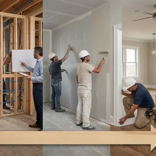 A collage showing three stages of home construction: framing, painting walls, and installing trim.
