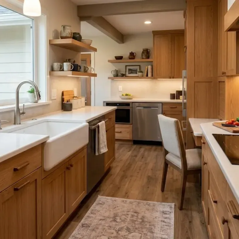 Senior-friendly kitchen design in Lafayette with rounded countertops, induction cooktop, and modern safety features that blend seamlessly into a warm home setting