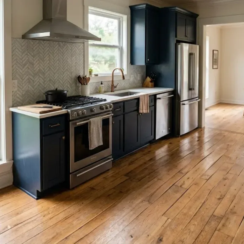 Solid hardwood kitchen flooring in Lafayette Louisiana showing cupping and warping from high humidity near sink area