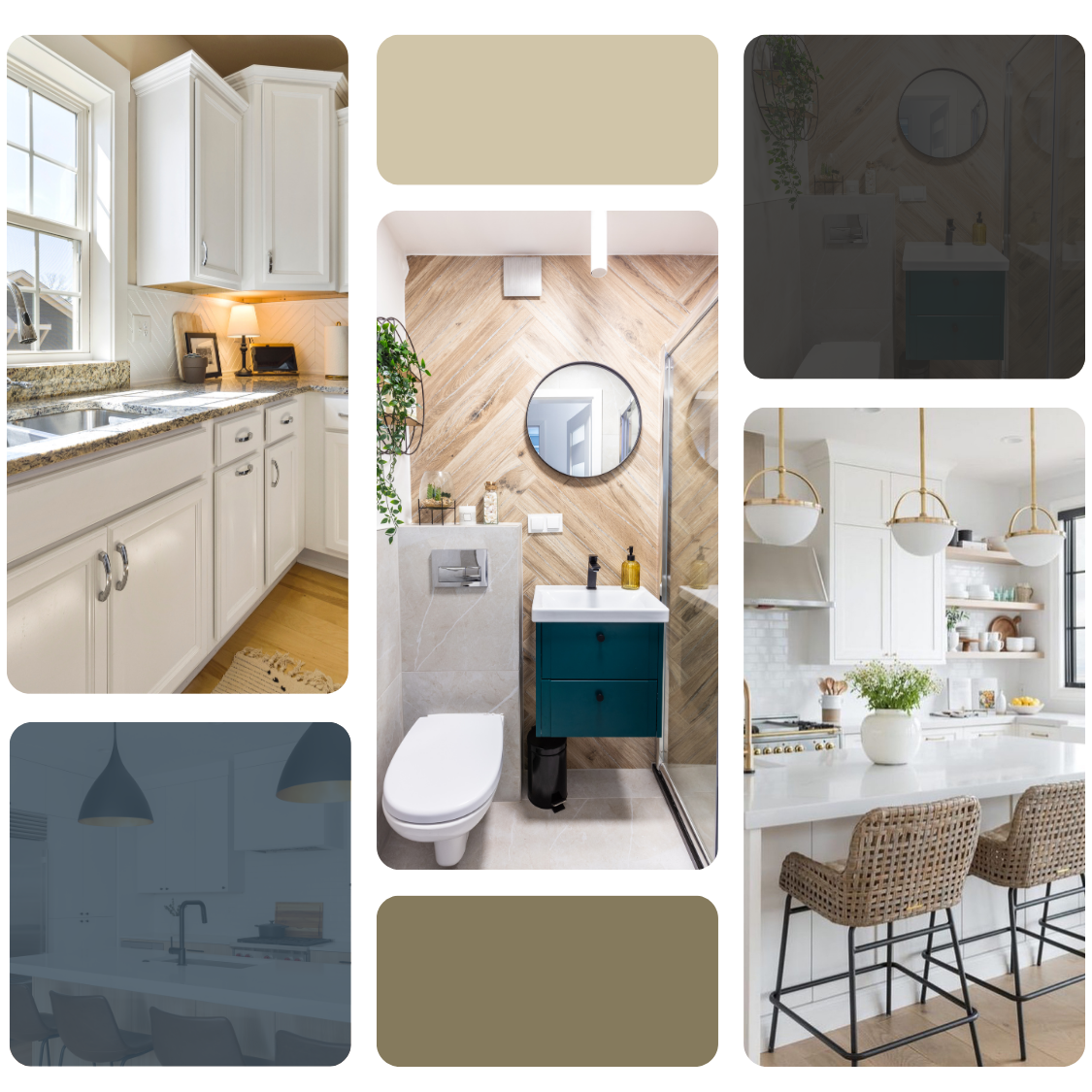 A collage of pictures of kitchens and bathroom remodeling Lafayette LA projects