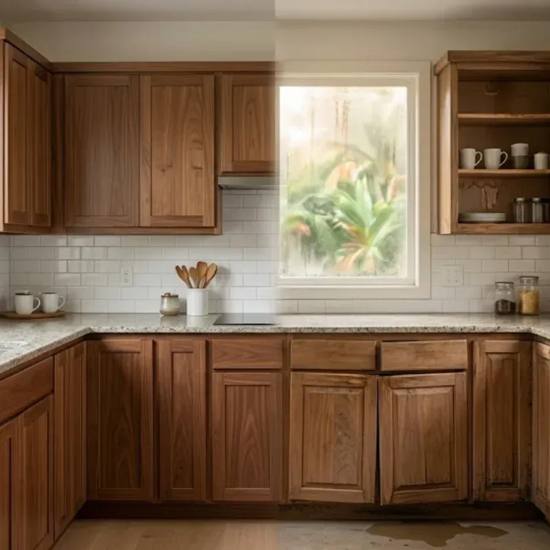 Warped wooden kitchen cabinets caused by high humidity in a Lafayette Louisiana home kitchen remodel