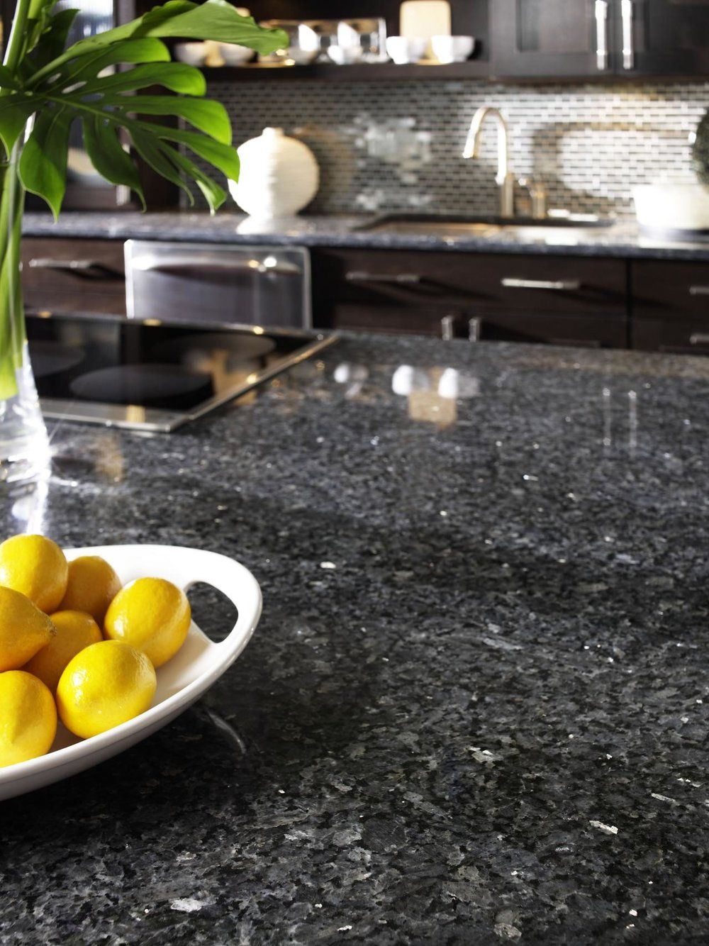 A bowl of lemons sits on a counter in a kitchen