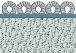 A close up of a white carpet with a blue border.