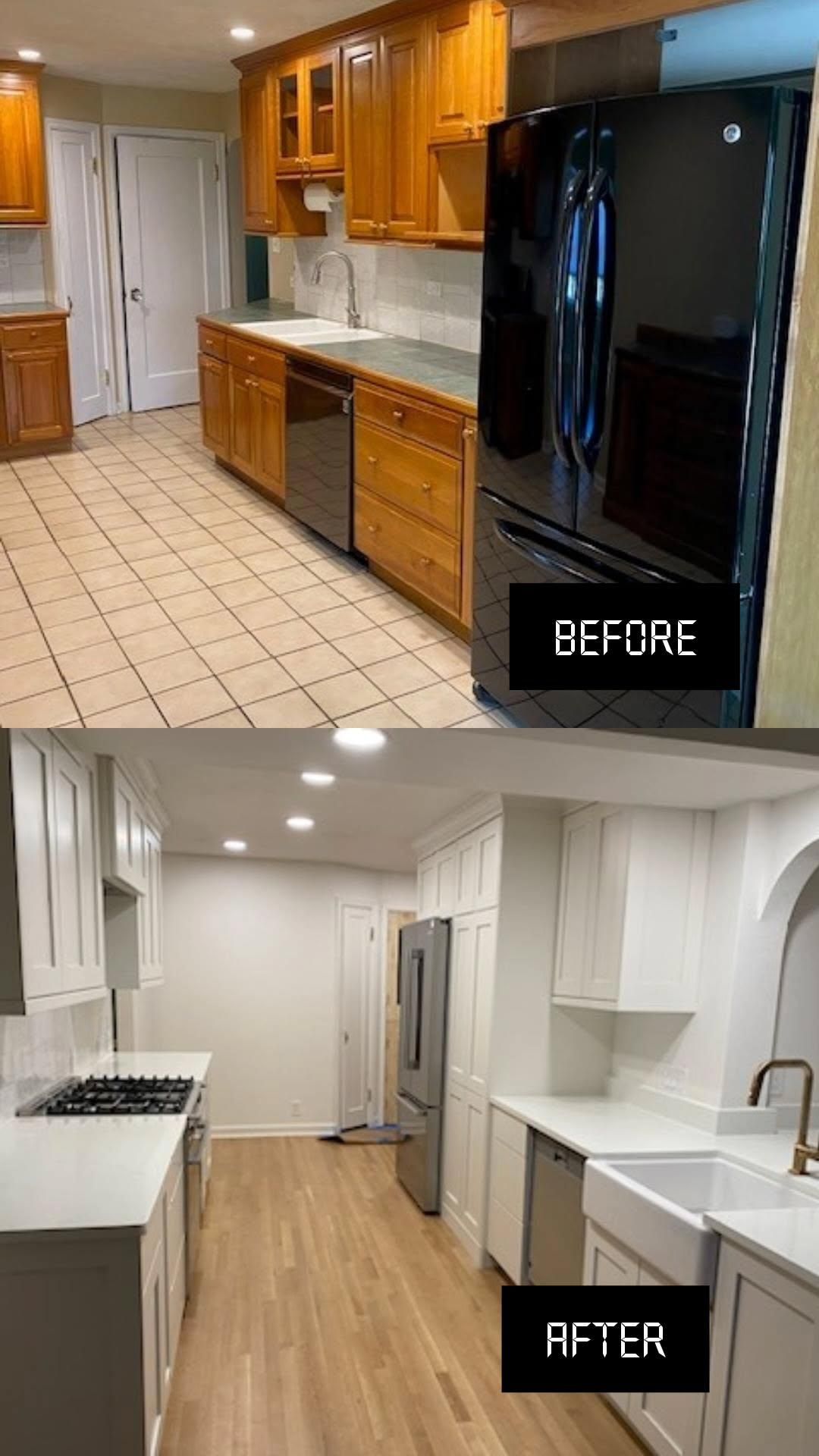 A before and after photo of a kitchen with wooden cabinets and stainless steel appliances.