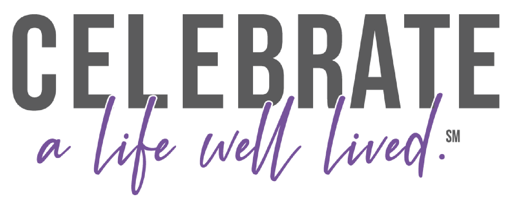 “Celebrate a life well lived” logo in gray and purple script