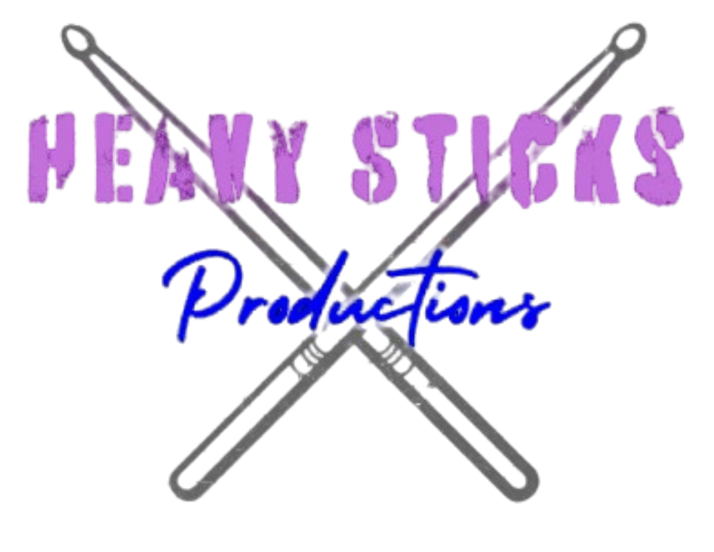 Logo: "Heavy Sticks Productions" in purple with blue "Productions" text, drumsticks crossed on dark, textured background.