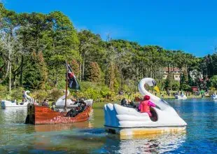Barcos em um lago; cisne e navio pirata. Árvores exuberantes ao fundo, céu azul.