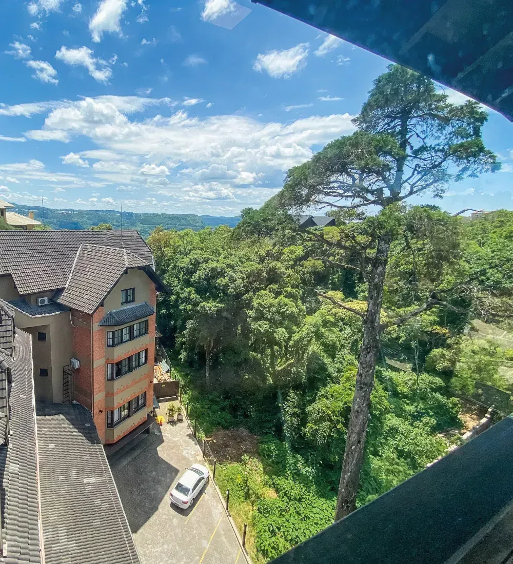 Vista da varanda de um prédio com um carro estacionado embaixo, árvores verdejantes e céu azul.