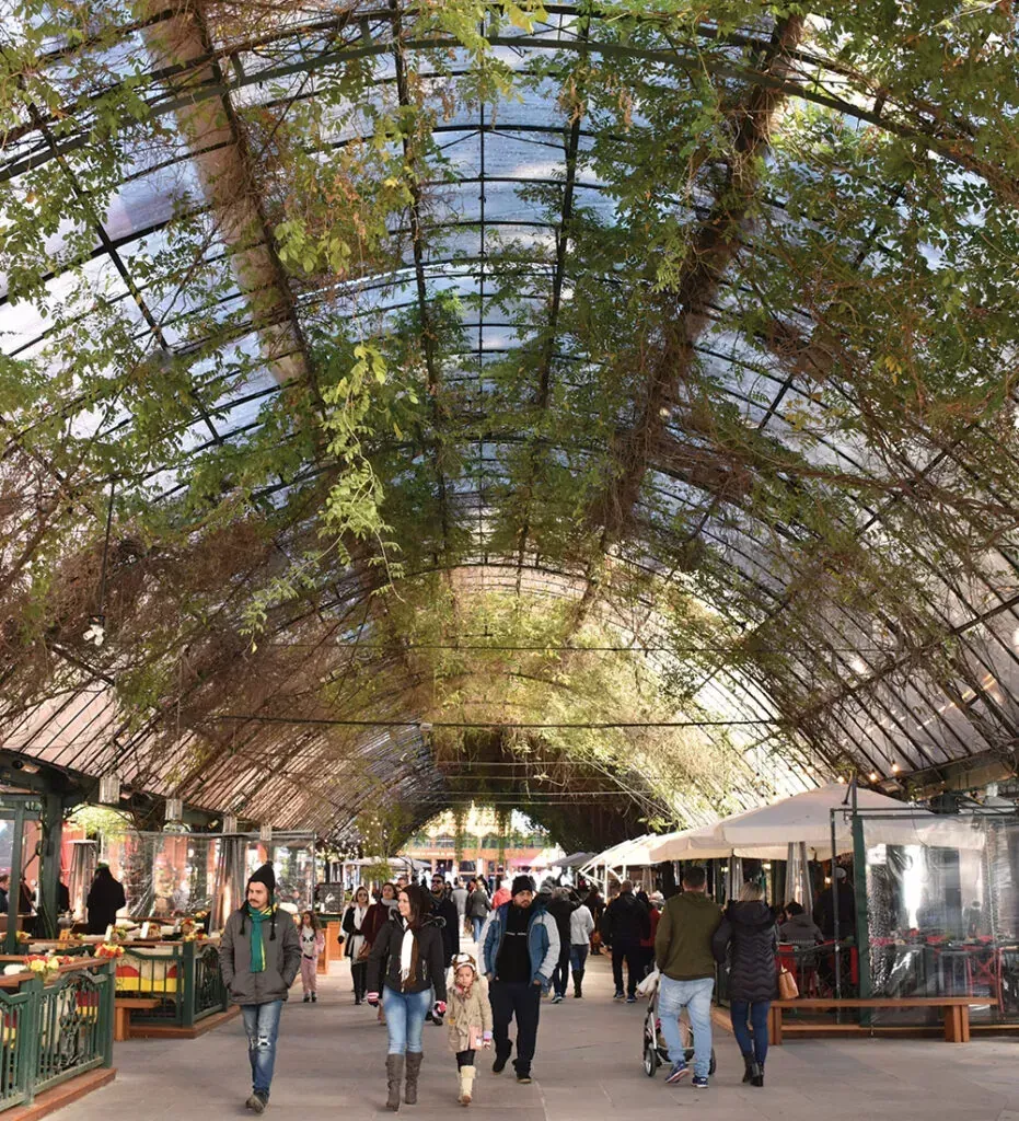 Pessoas caminhando sob uma galeria com teto de vidro, plantas trepadeiras, barracas e assentos.