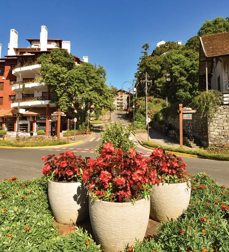 Três grandes vasos de flores vermelhas em uma praça da cidade, com prédios e rua ao fundo.