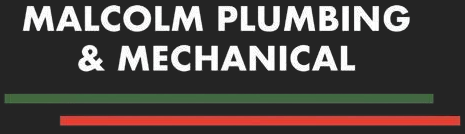 Logo for Malcolm Plumbing & Mechanical. Text is white. Green and red lines are below the text on a black background.