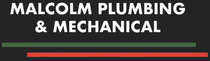 Logo for Malcolm Plumbing & Mechanical. Text is white. Green and red lines are below the text on a black background.