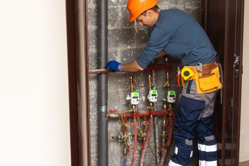 Plumber in hard hat working on pipes near meters, wearing blue gloves and work pants, indoors.