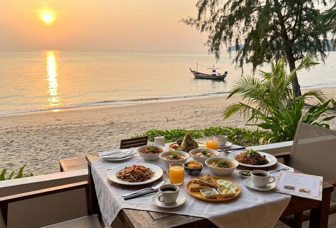 Sunrise beach view with a breakfast table set on a terrace overlooking the sea