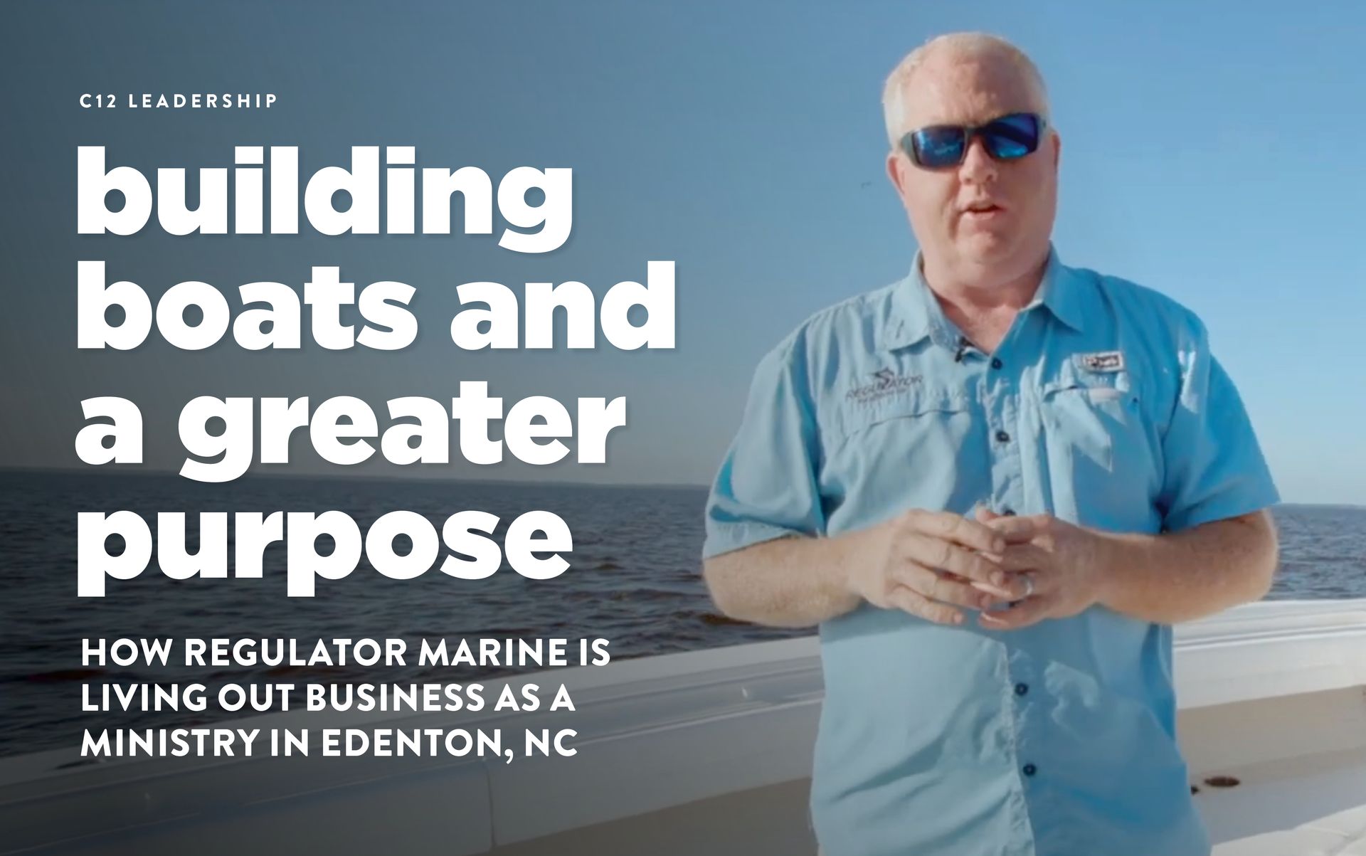 Man in sunglasses stands on a boat, text:
