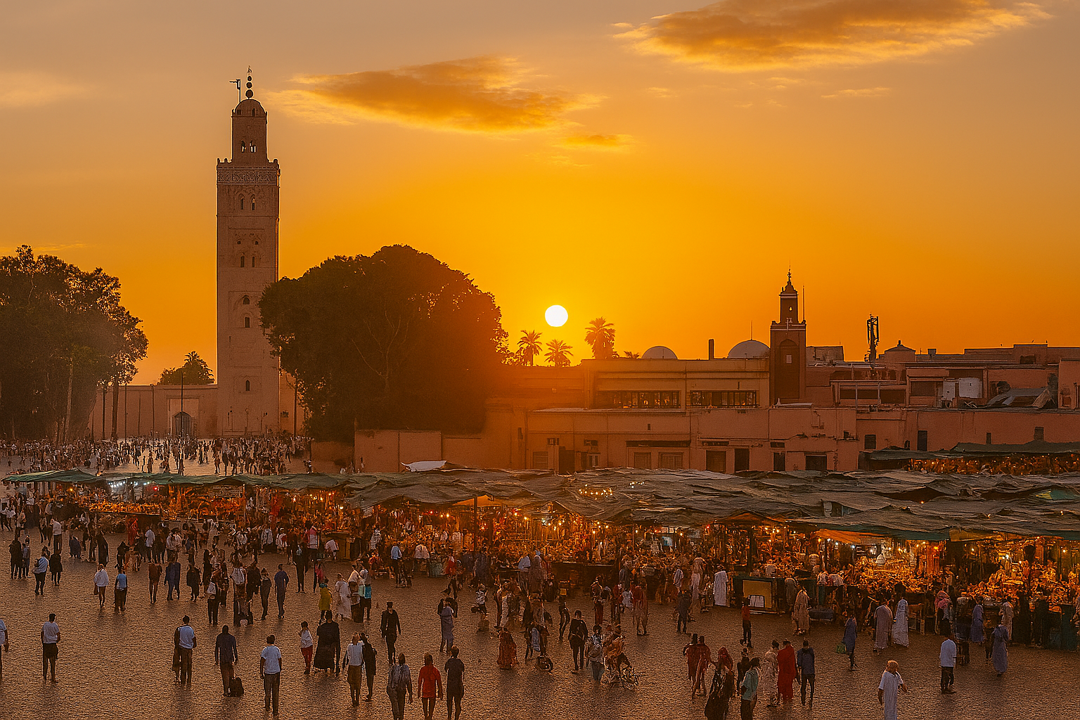 Vue de la place Jemaa el-Fna au coucher du soleil à Marrakech, point de départ pour découvrir la bou