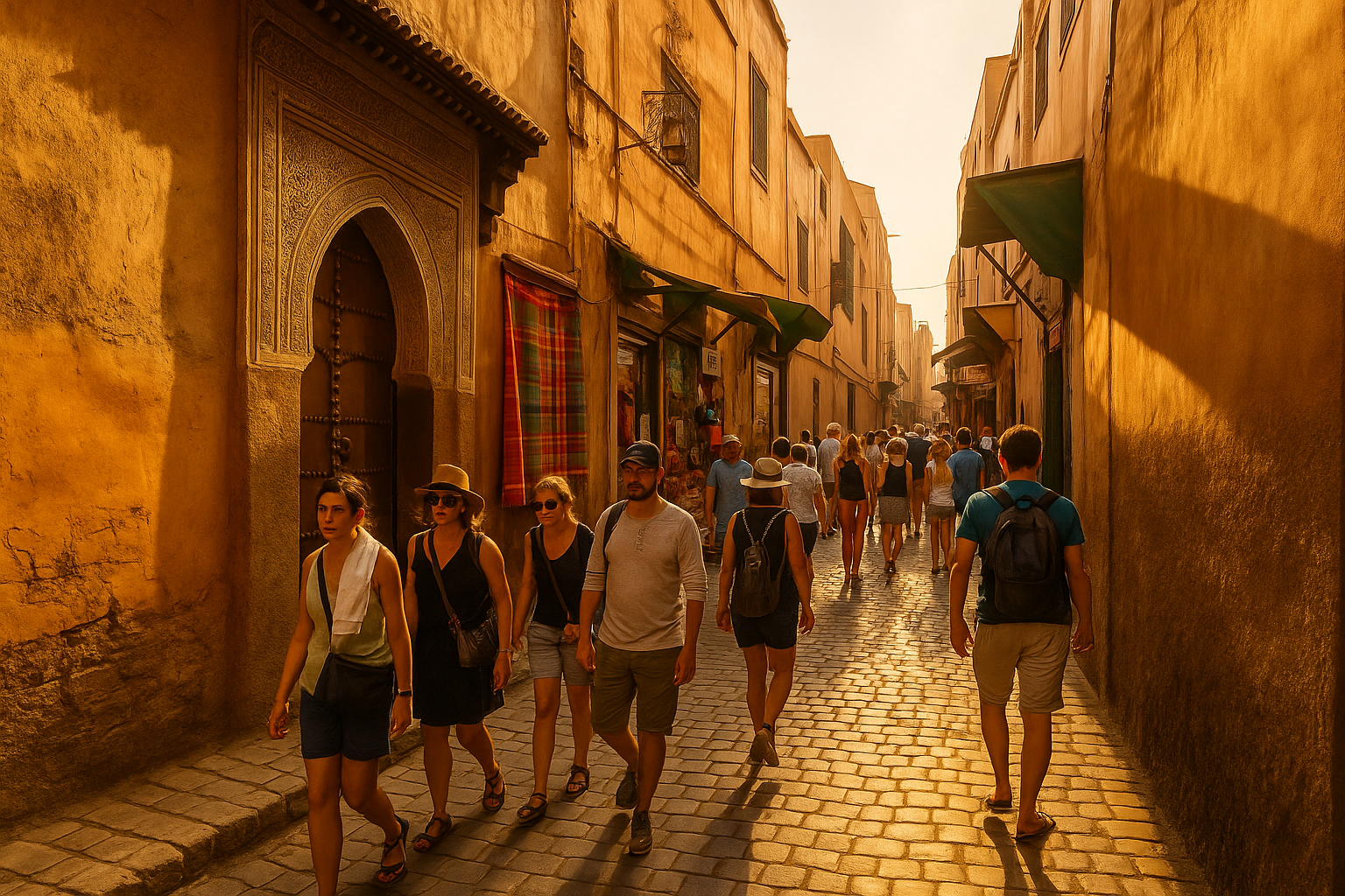 Cette photo montre la rue Mouassine à Marrakech, une rue pavée emblématique de la médina, bordée de façades ocre typiques et d'échoppes artisanales. En arrière-plan, des touristes déambulent, capturant l’ambiance unique de ce quartier historique où se mêlent tradition, artisanat et charme marocain. La lumière du matin vient souligner la beauté des textures et l'authenticité de l'architecture locale.