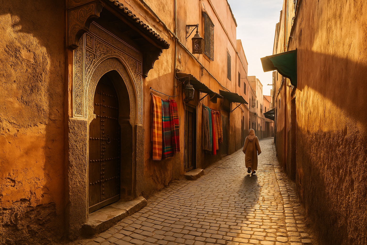 Explorez l’authenticité de Marrakech à travers ses ruelles baignées de lumière. Ruelle traditionnelle de la médina de Marrakech au lever du soleil avec portes sculptées et étoffes marocaines.