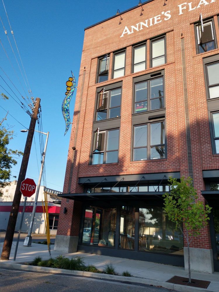Commercial building with custom structural steel framing and decorative corner detail
