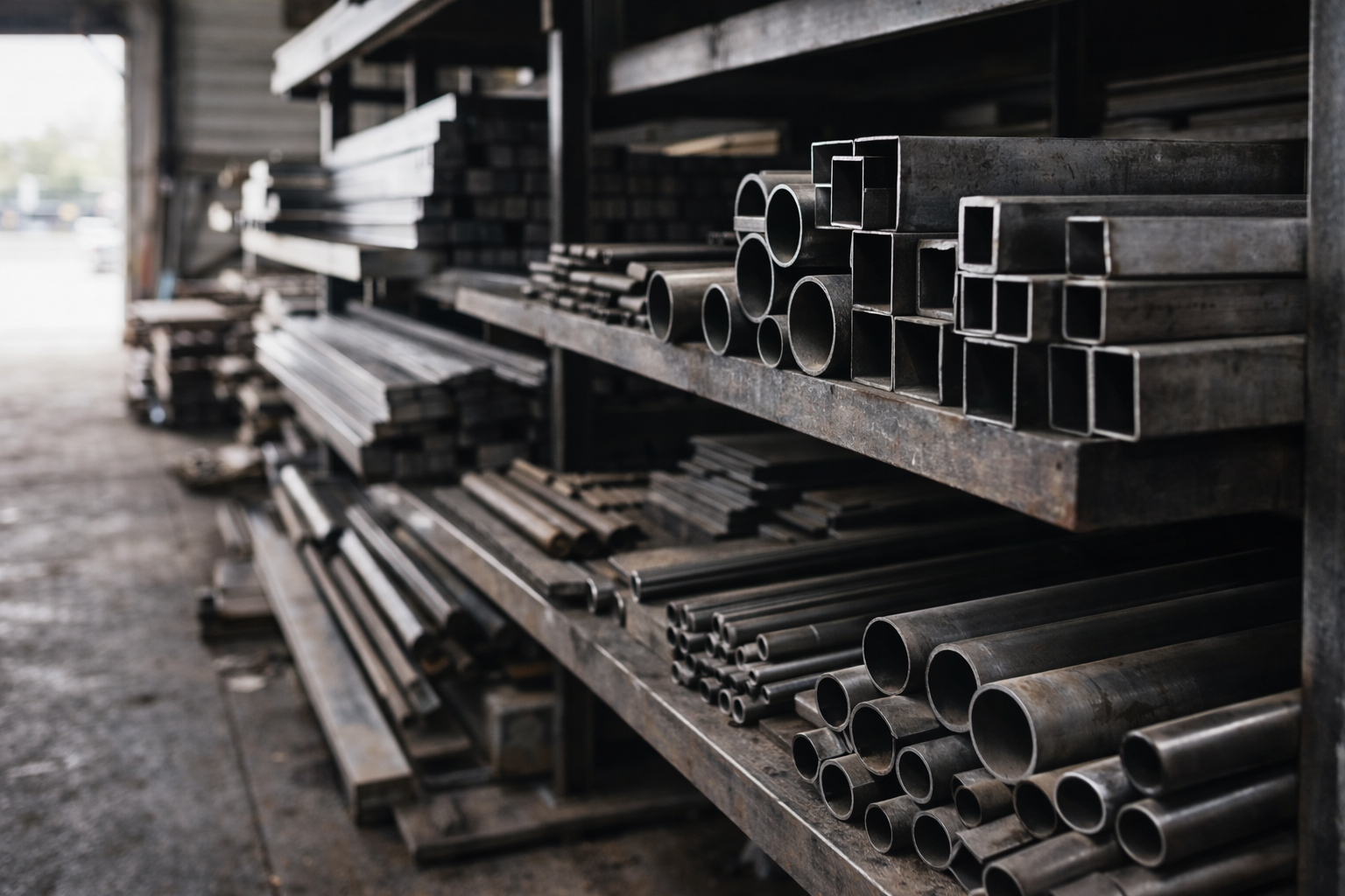 Steel tubing and metal stock organized on storage racks in shop
