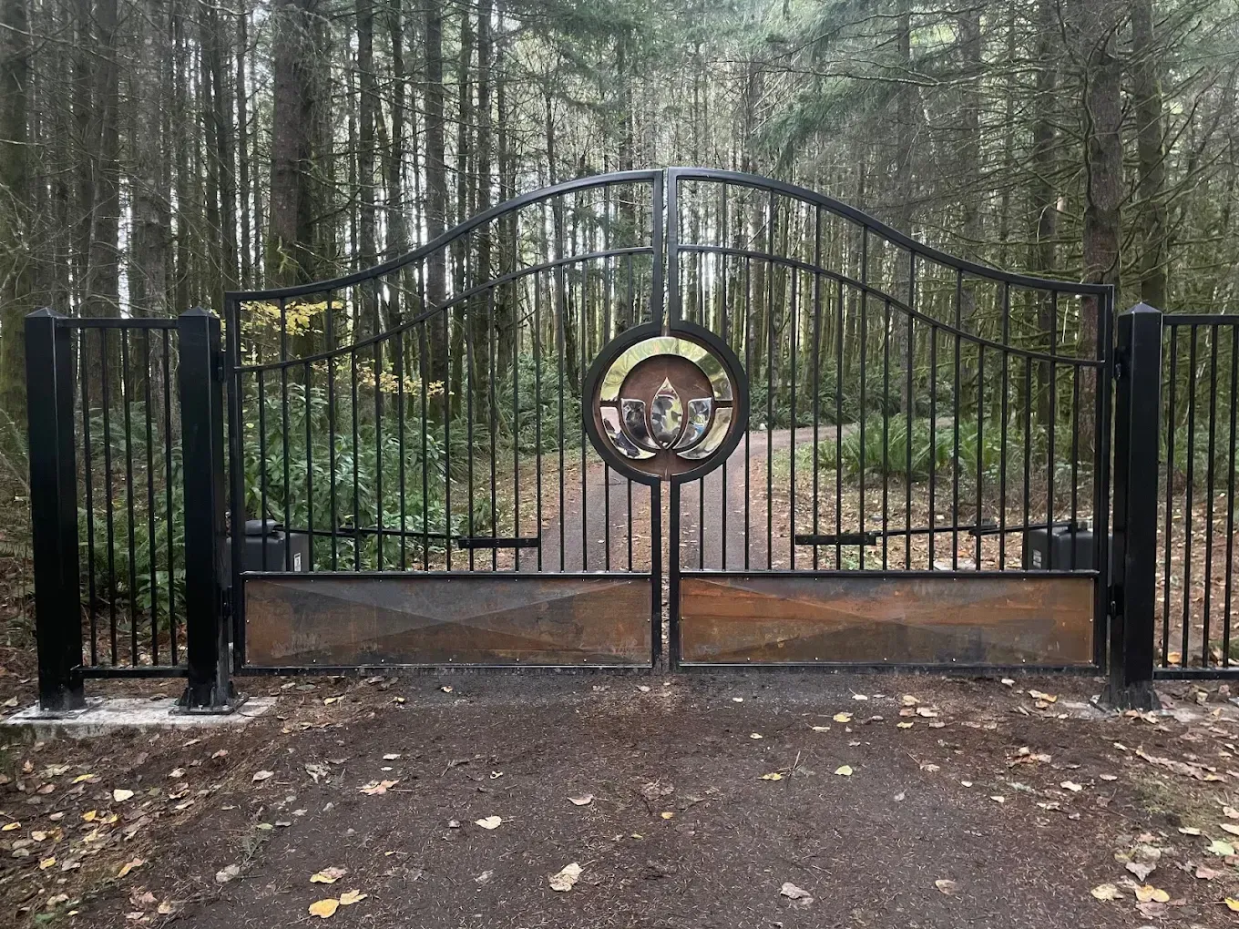 Decorative custom fabricated steel gate with circular design feature