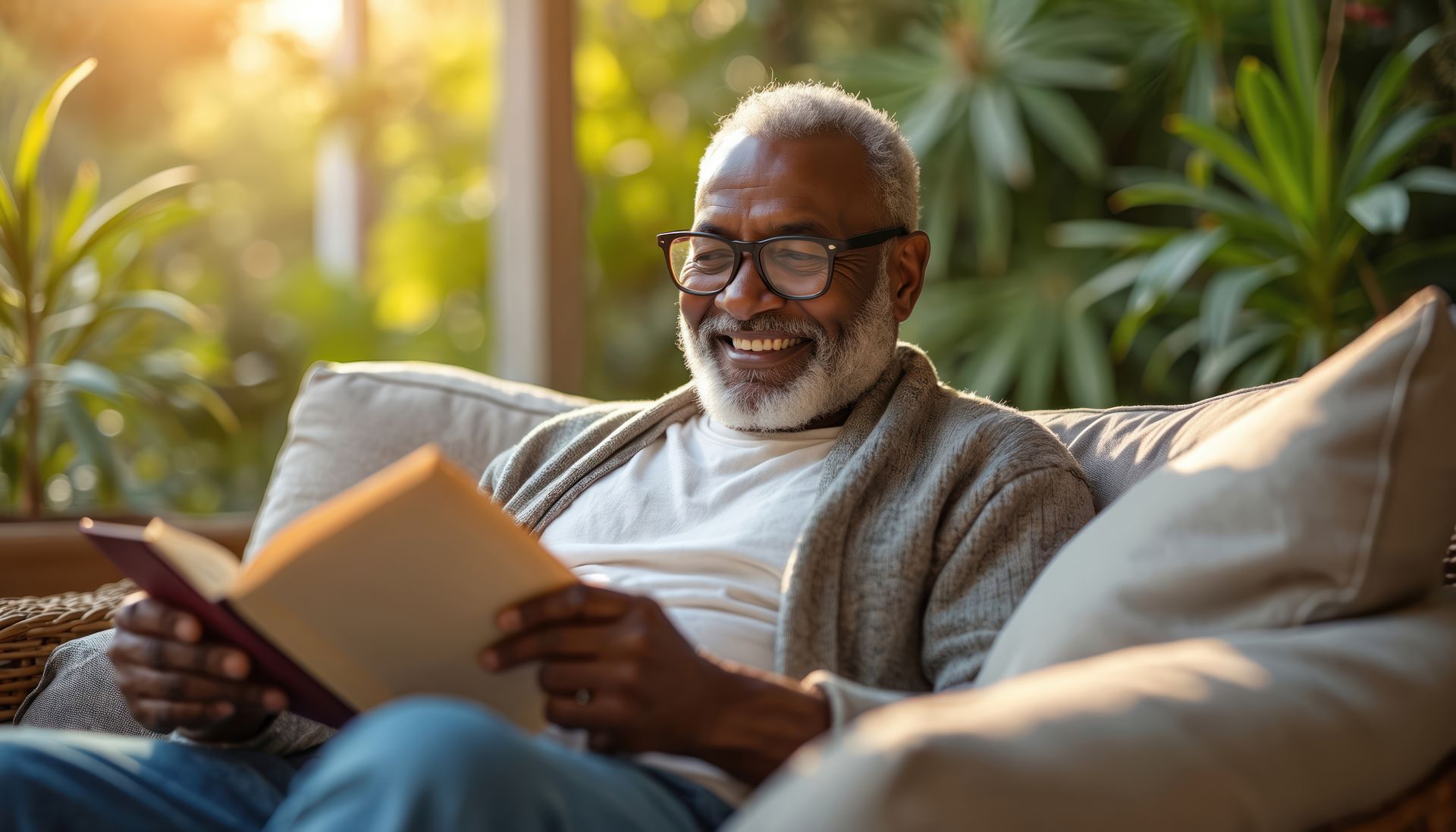 Man sitting on a couch reading a book