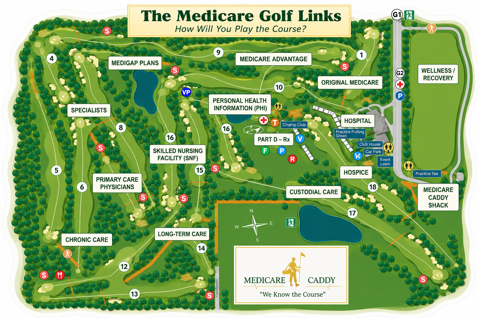 Map of The Medicare Golf Links, showing green fairways, holes, water, and course landmarks.
