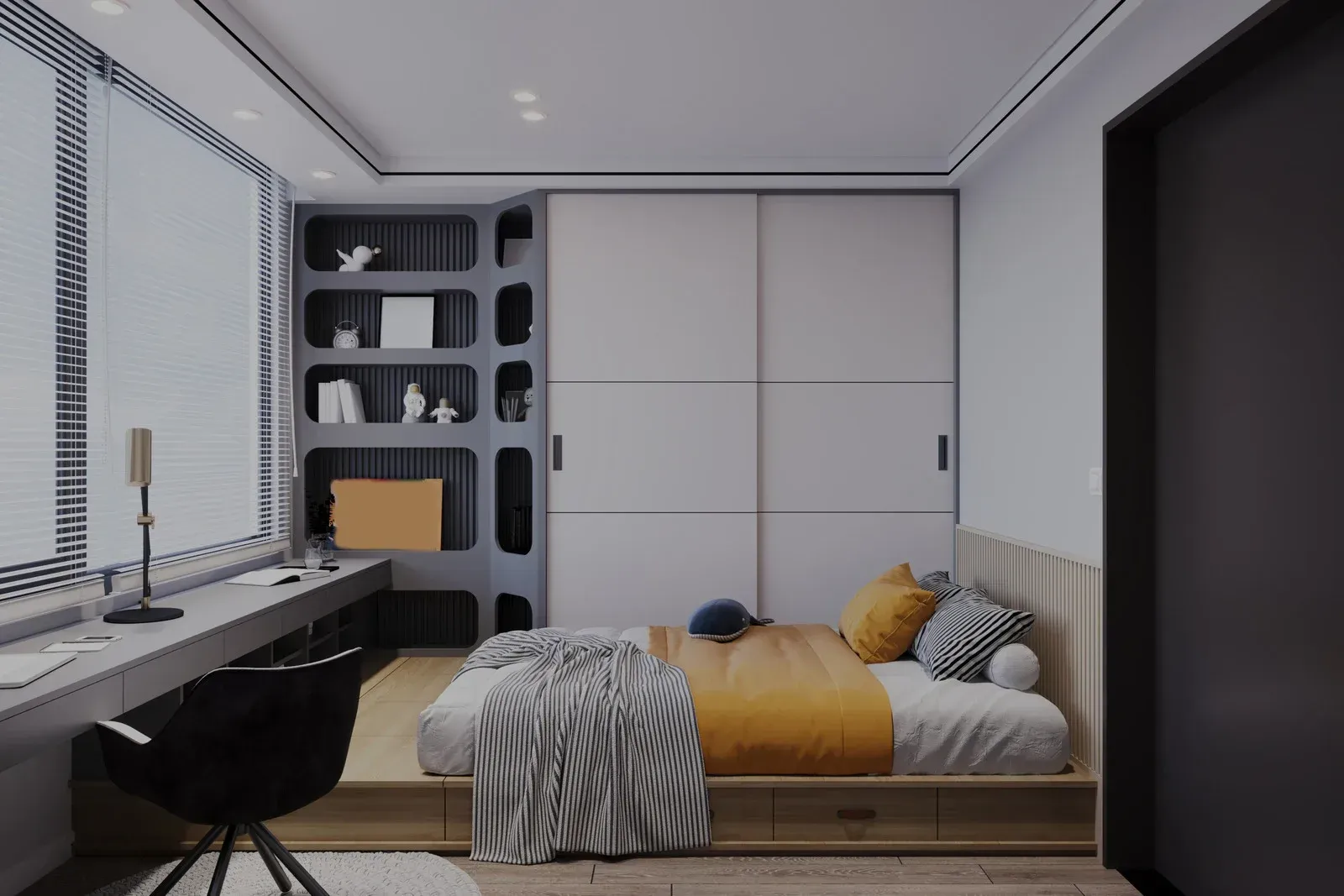Bedroom with white built-in wardrobes, bed, window with blinds, and a fluffy rug.