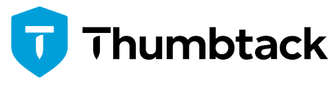 A logo for thumbtack with a blue shield on a white background.