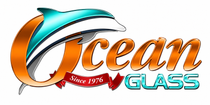 Ocean Glass logo with teal wave and gray swoosh, red “Since 1976” ribbon, and blue “GLASS” text
