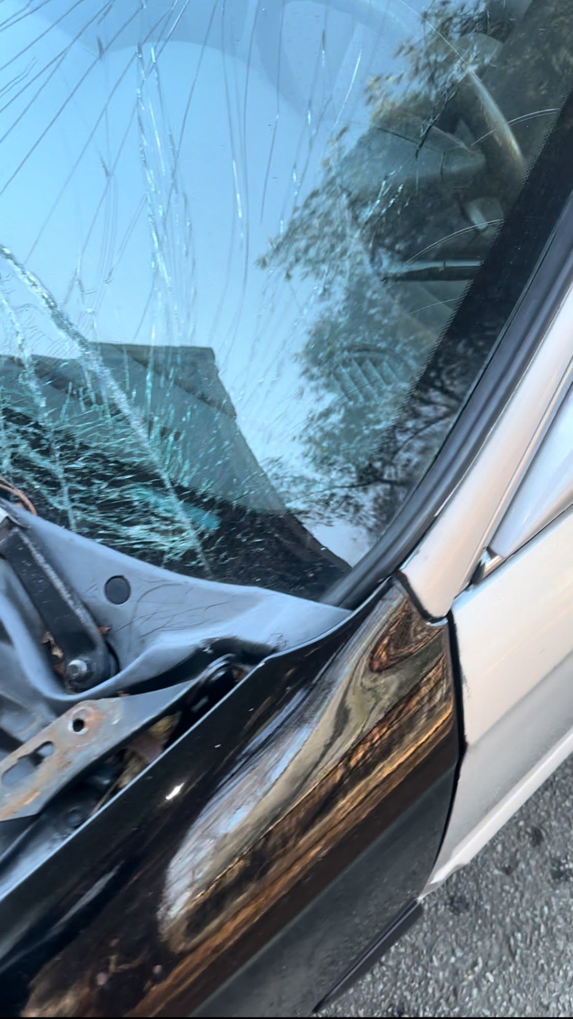 A car with a broken windshield is parked on the side of the road.
