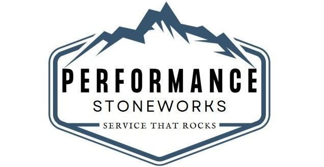 The logo for performance stoneworks shows a mountain and the words `` service that rocks ''.