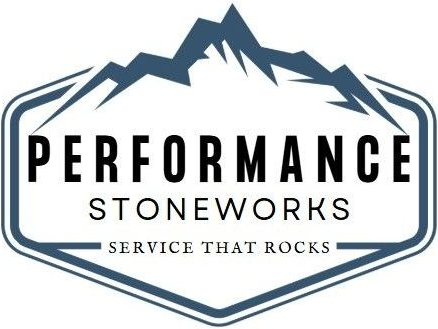 The logo for performance stoneworks shows a mountain and the words `` service that rocks ''.