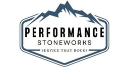 The logo for performance stoneworks shows a mountain and the words `` service that rocks ''.